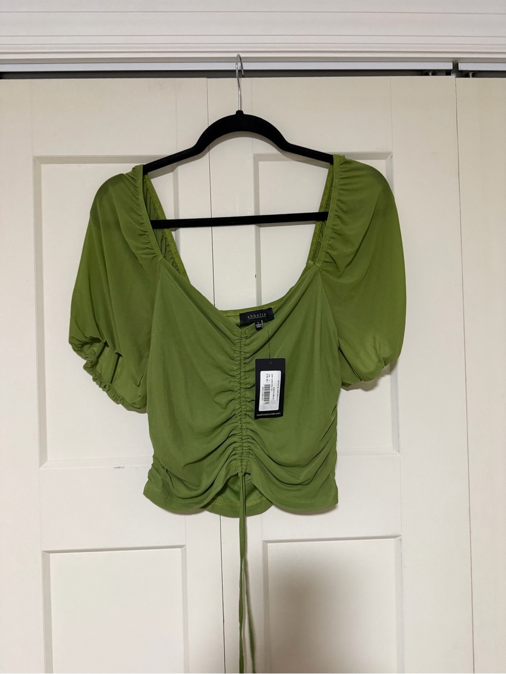 Abbeline Olive Green Ruched Puff Sleeve Crop Top